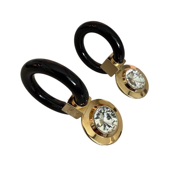 Miu Miu SIO079 Plex Circle Cry Gold & Black Circle Crystal Acetate Drop Earrings - Picture 2 of 11